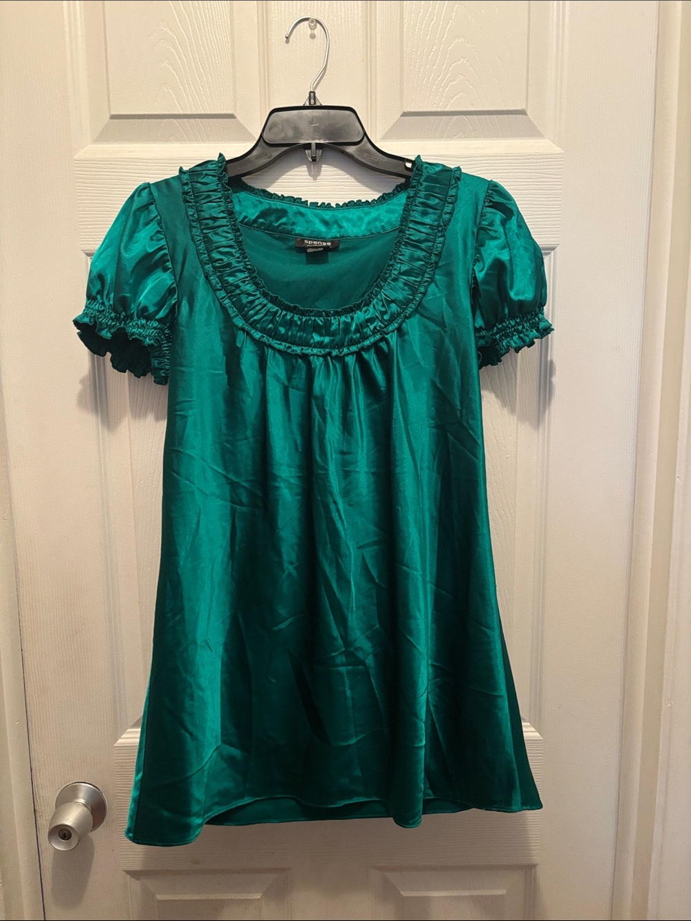 Spense Teal Satin Ruffle Scoop Neck Tunic